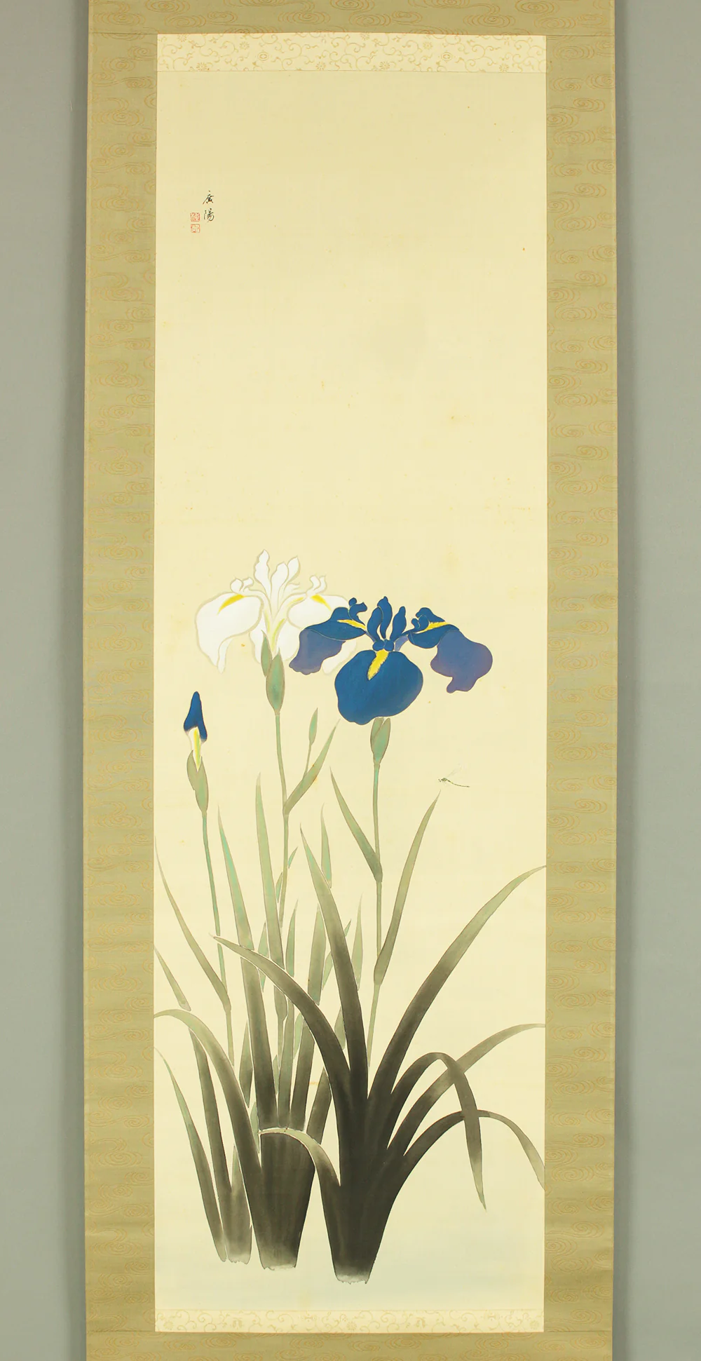 大村廣陽 Omura Koyo (1891-1983) Japanese art kakejiku kakemono wall hanging scroll / Iris Flowers and Dragonfly with Original Box (Tomobako) RD190