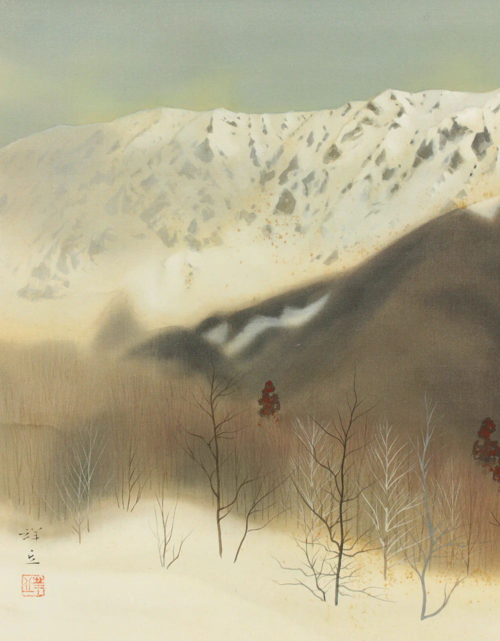 大島祥丘 Oshima Shokyu (1907-1996) Japanese art kakejiku kakemono wall hanging scroll / Scenery of Mt. Daisen in Winter with Original Box (Tomobako) RC963 - Image 10