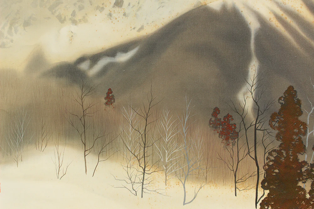 大島祥丘 Oshima Shokyu (1907-1996) Japanese art kakejiku kakemono wall hanging scroll / Scenery of Mt. Daisen in Winter with Original Box (Tomobako) RC963 - Image 13