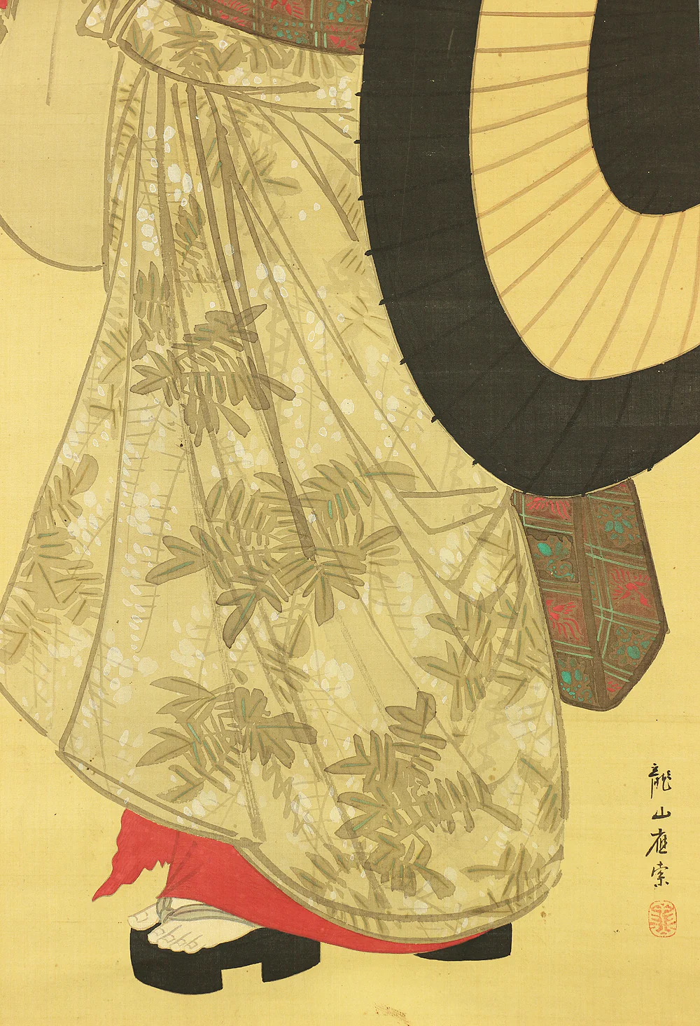 龍山應索 Ryuzan Osaku Age: 1850-1899 Japanese antique art kakejiku kakemono hanging scroll / Ukiyo-e Bijin Beauty holding Umbrella with Box W751 - Image 11