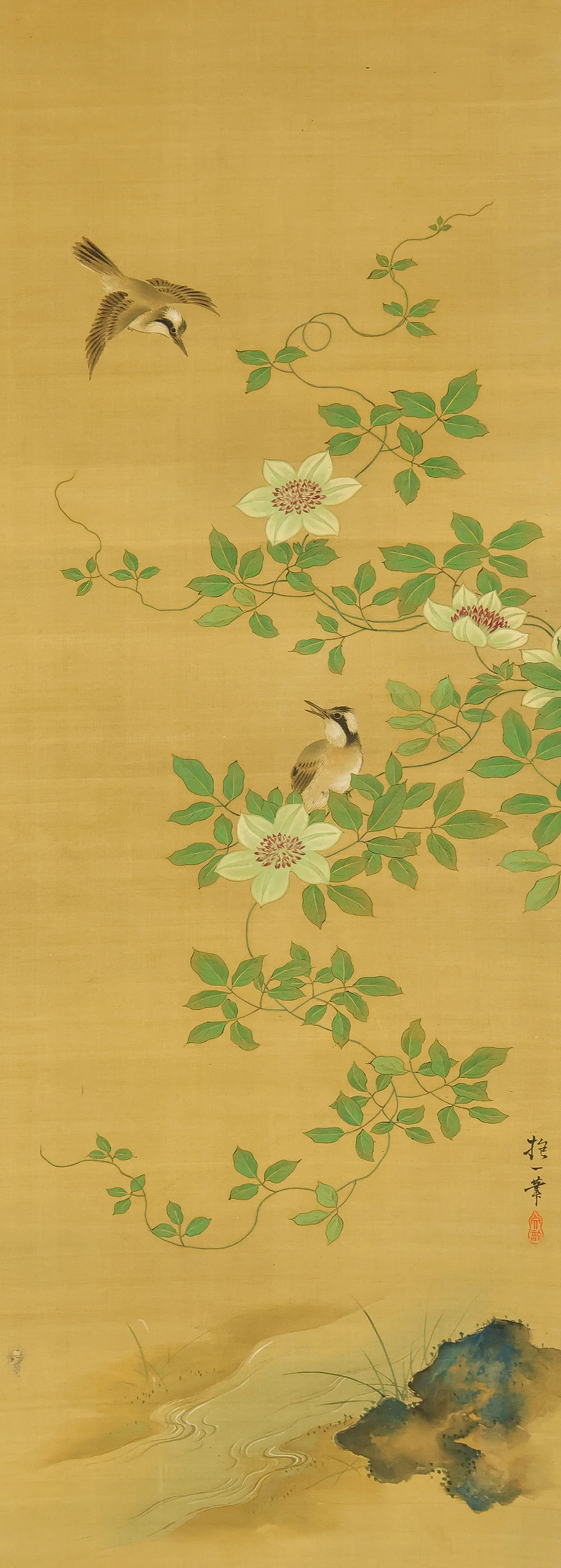 酒井抱一 Sakai Hoitsu (1761-1828) Japanese art kakejiku kakemono wall hanging scroll / Cretimus and Two Little Birds RE140 - Image 4