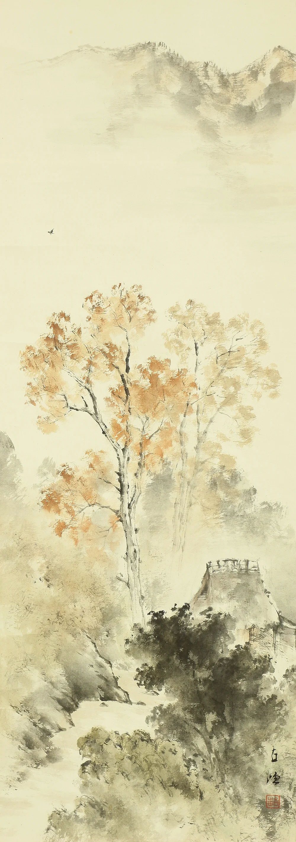 佐藤古岫 Sato Koshu Japanese art kakejiku kakemono wall hanging scroll / Autumn Landscape Old House in Mountains with Original Box (Tomobako) RC606 - Image 4