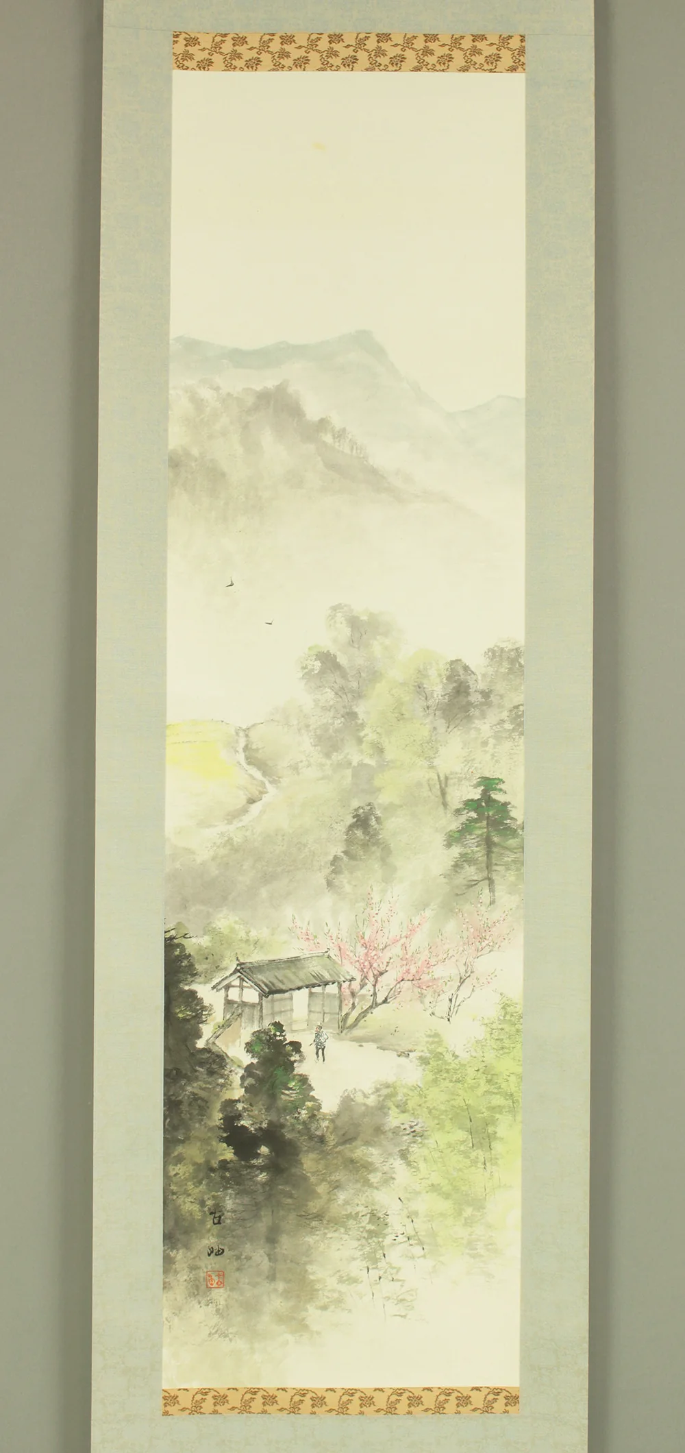 佐藤古岫 Sato Koshu Japanese art kakejiku kakemono wall hanging scroll / Spring Landscape Old House in Mountains with Original Box (Tomobako) RD612