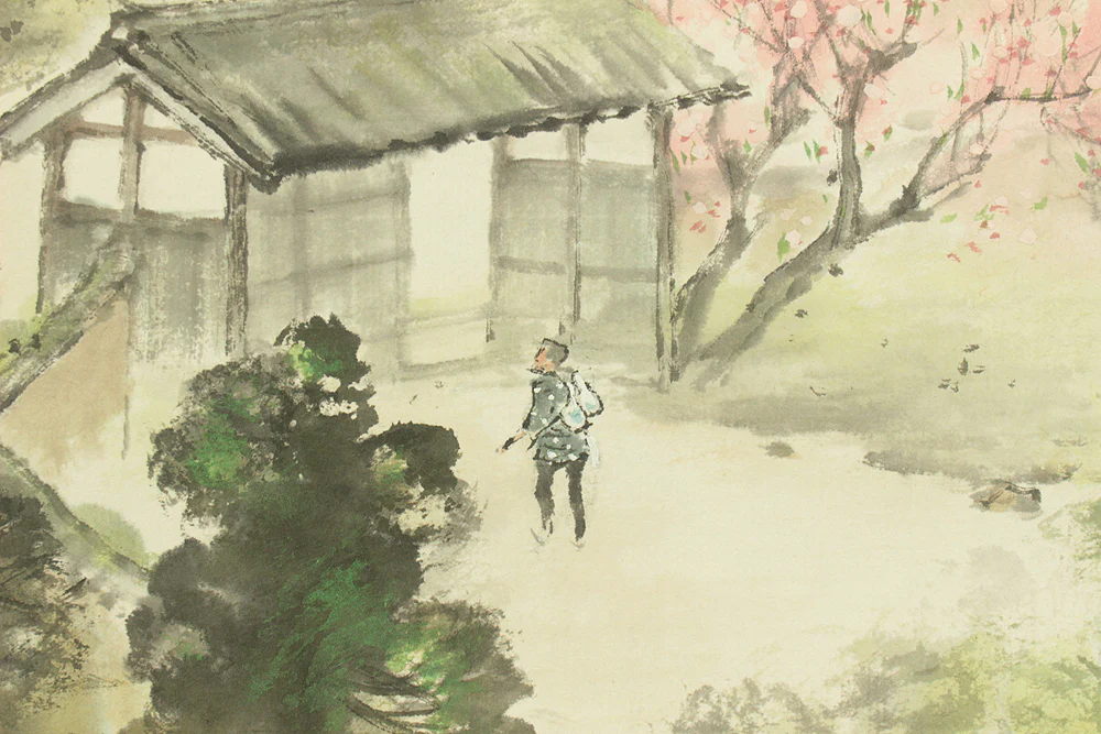 佐藤古岫 Sato Koshu Japanese art kakejiku kakemono wall hanging scroll / Spring Landscape Old House in Mountains with Original Box (Tomobako) RD612 - Image 12