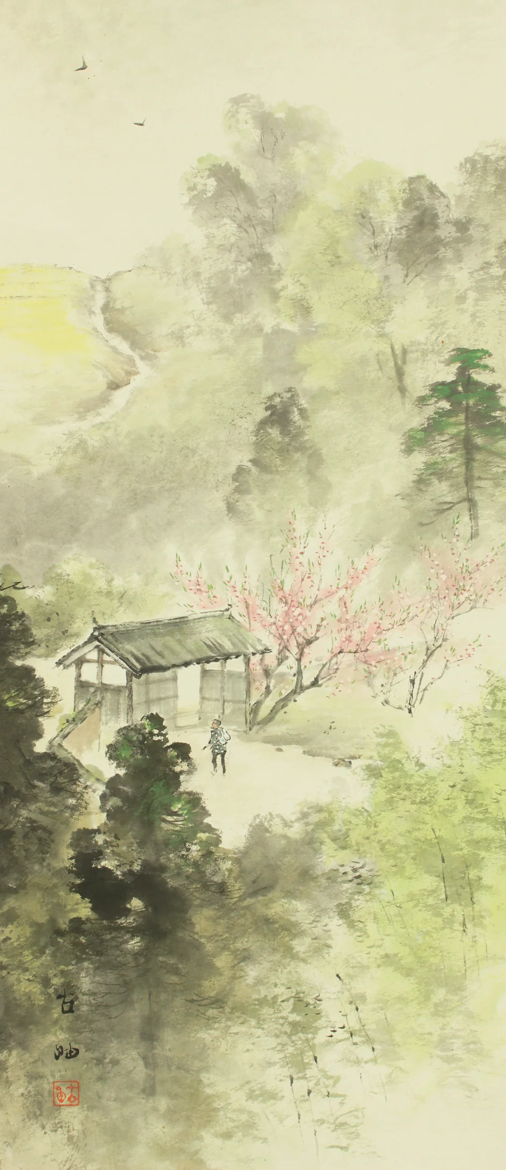 佐藤古岫 Sato Koshu Japanese art kakejiku kakemono wall hanging scroll / Spring Landscape Old House in Mountains with Original Box (Tomobako) RD612 - Image 7