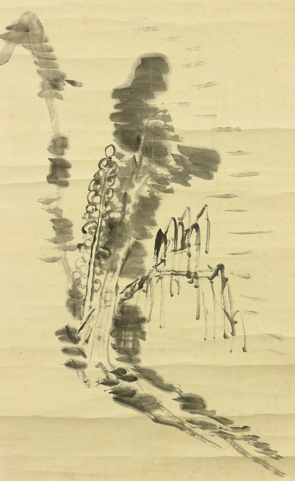 仙厓義梵 SENGAI GIBON Zen priest Japanese antique art kakejiku kakemono wall hanging scroll / Mountain shore willow landscape 此の岸を離れて~ W278 - Image 9