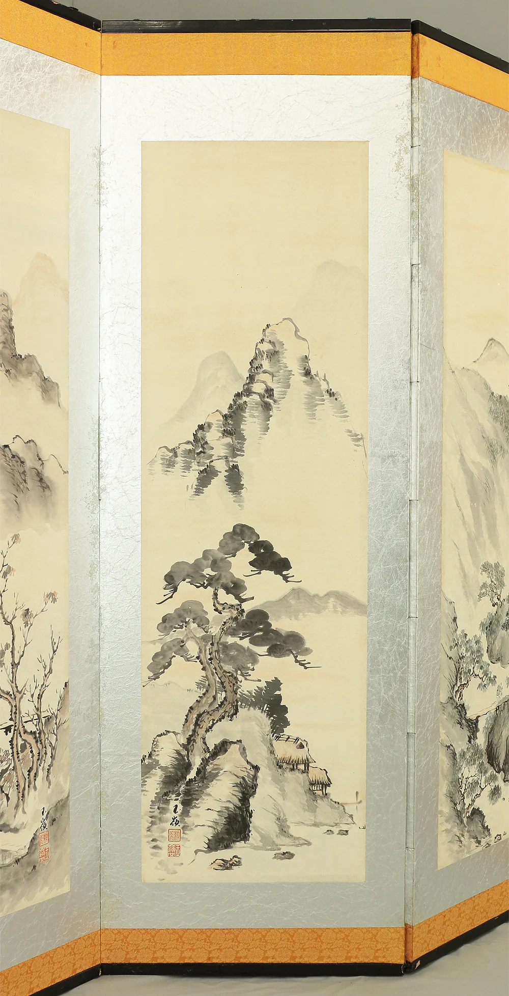 瀬尾玉嶺 Seo Gyokurei Japanese Silver Framed Pair of Byobu Folding screens Room divider 6 panels 'Seasonal Sansui Landscape, Flowers and Birds' VA215 - Image 17