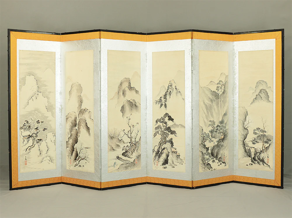 瀬尾玉嶺 Seo Gyokurei Japanese Silver Framed Pair of Byobu Folding screens Room divider 6 panels 'Seasonal Sansui Landscape, Flowers and Birds' VA215 - Image 2