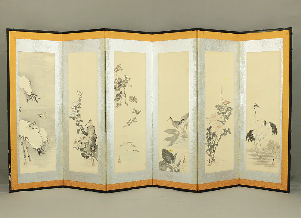 瀬尾玉嶺 Seo Gyokurei Japanese Silver Framed Pair of Byobu Folding screens Room divider 6 panels 'Seasonal Sansui Landscape, Flowers and Birds' VA215 - Image 50