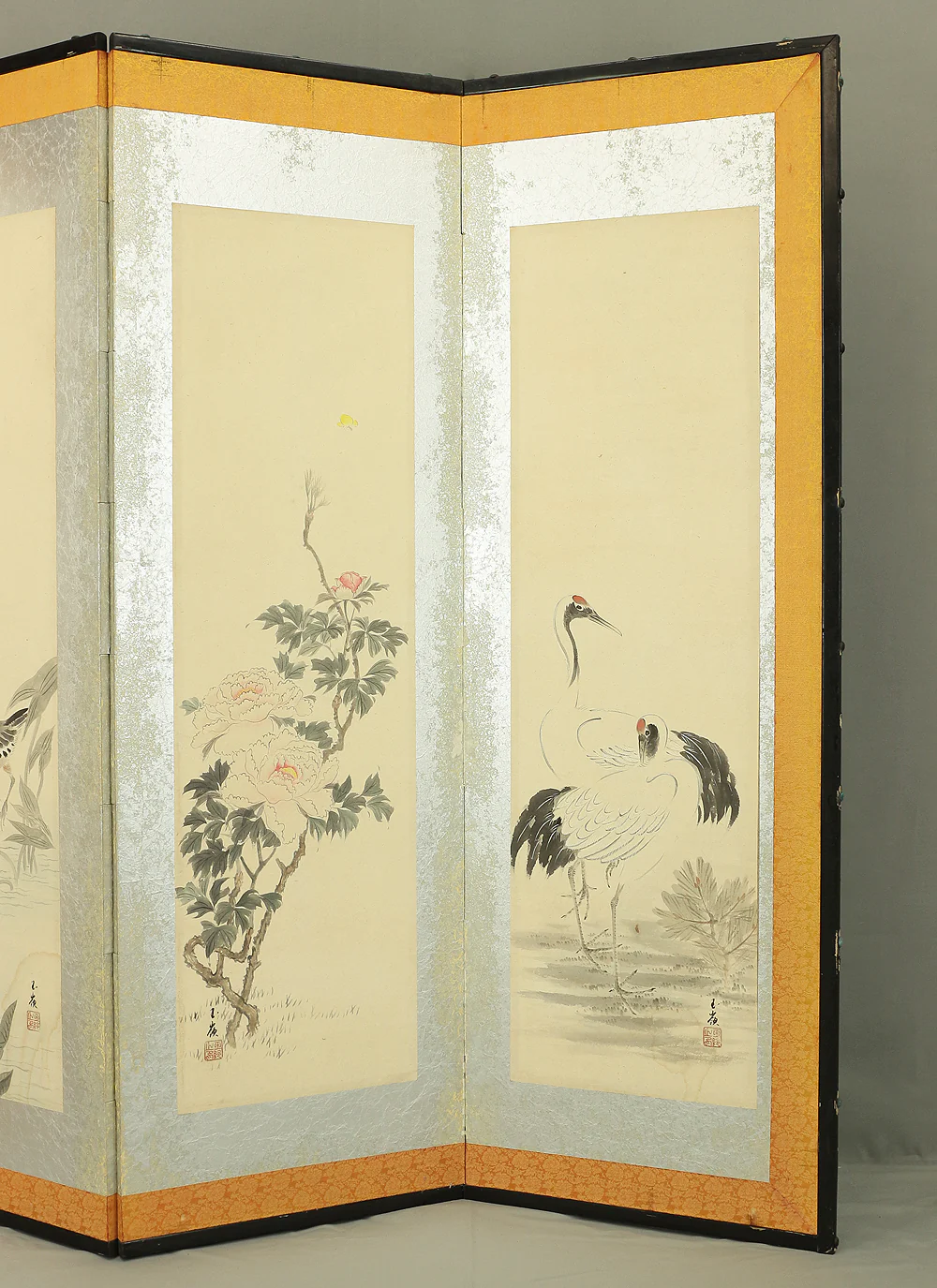 瀬尾玉嶺 Seo Gyokurei Japanese Silver Framed Pair of Byobu Folding screens Room divider 6 panels 'Seasonal Sansui Landscape, Flowers and Birds' VA215 - Image 51