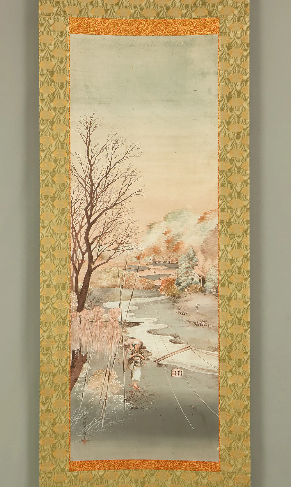 司馬江漢 Shiba Kokan (1747-1818) Japanese antique art kakejiku kakemono wall hanging scroll / Autumn Village Scenery by Stream with Appraised Double Box RE204