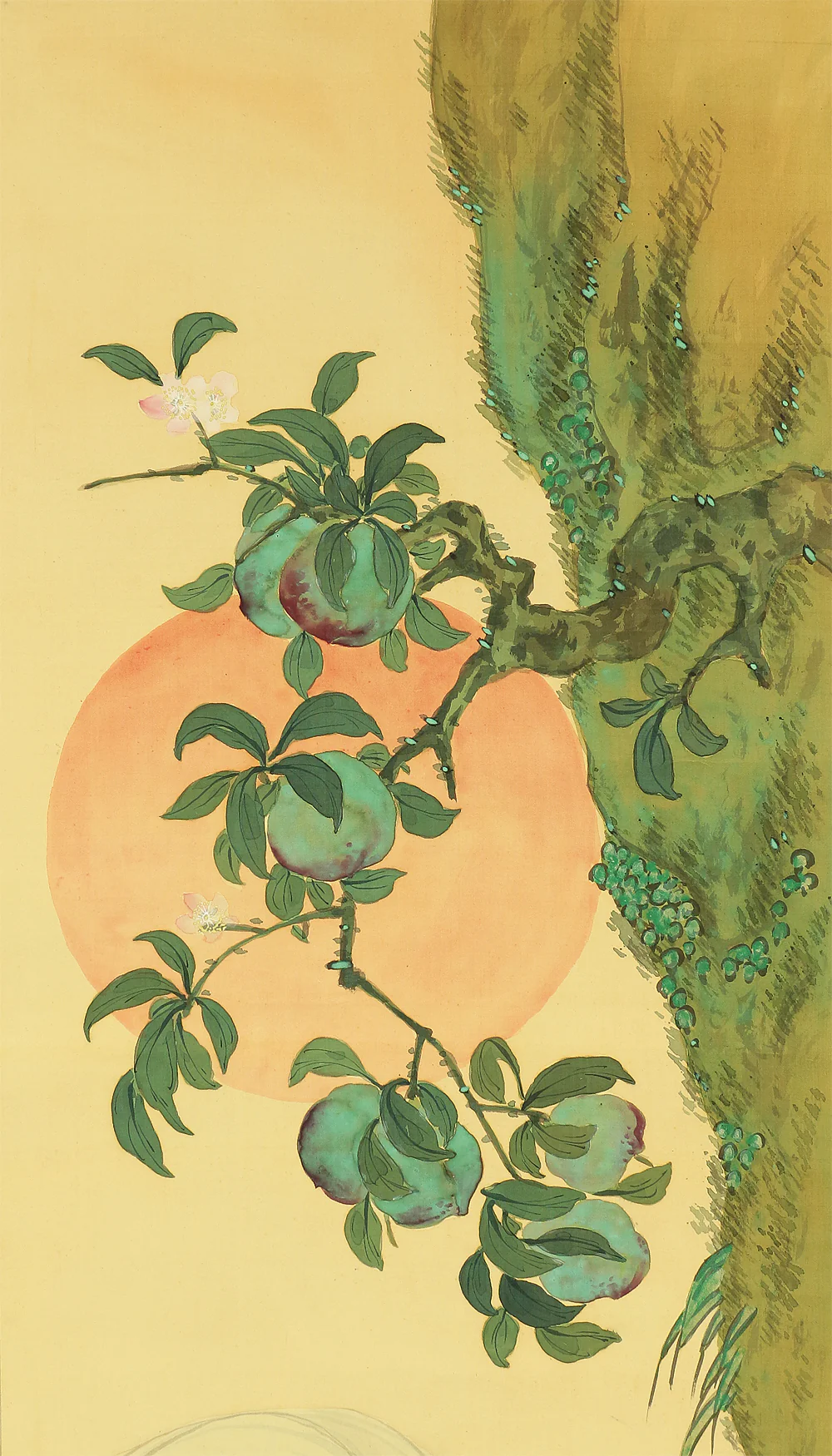 新堀華塘 Shinbori Kato Japanese art kakejiku kakemono wall hanging scroll / Crane on Water, Rising Sun, and Peach Tree with Box RA591 - Image 5