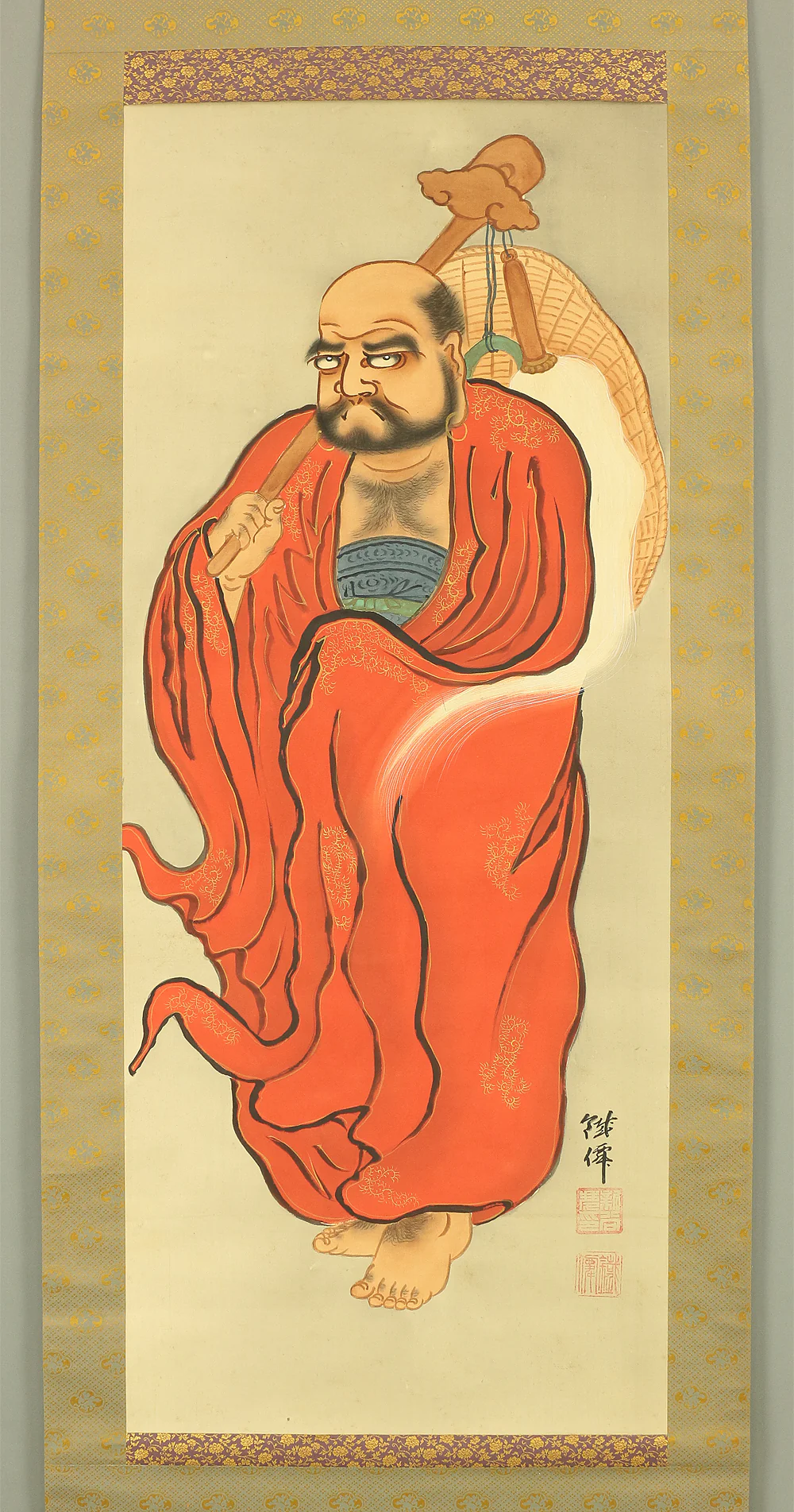 新谷鐵僊 SHINTANI TESSEN Japanese art kakejiku kakemono wall hanging scroll / Red Bodhidharma daruma holding hossu with Box W436 - Image 3