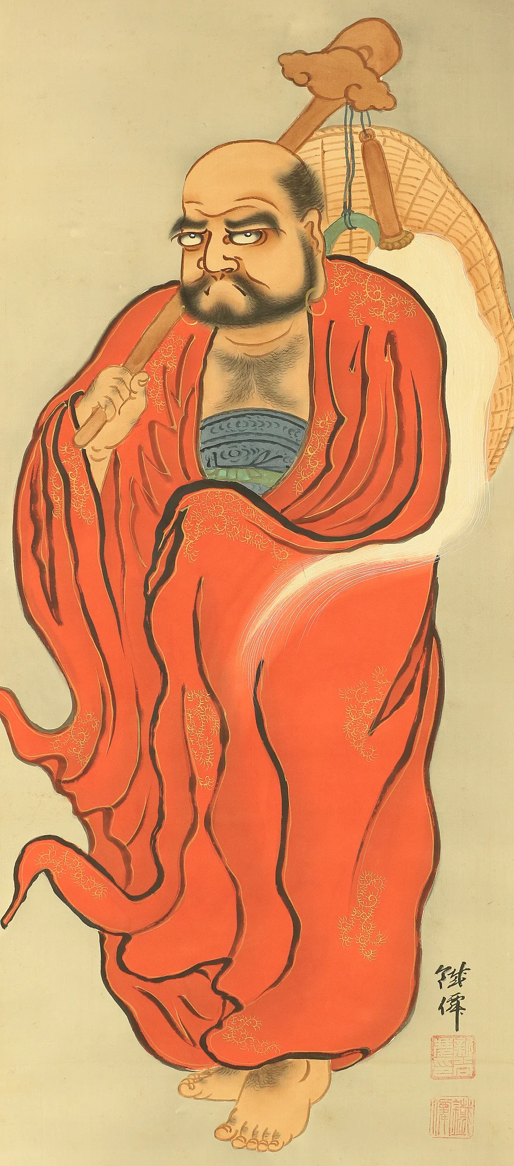 新谷鐵僊 SHINTANI TESSEN Japanese art kakejiku kakemono wall hanging scroll / Red Bodhidharma daruma holding hossu with Box W436 - Image 5