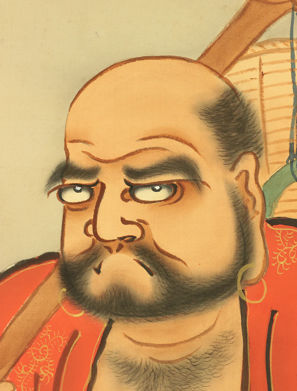 新谷鐵僊 SHINTANI TESSEN Japanese art kakejiku kakemono wall hanging scroll / Red Bodhidharma daruma holding hossu with Box W436 - Image 6