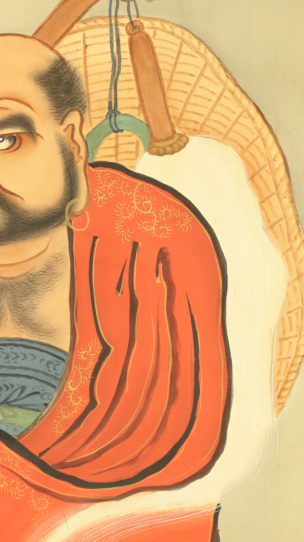 新谷鐵僊 SHINTANI TESSEN Japanese art kakejiku kakemono wall hanging scroll / Red Bodhidharma daruma holding hossu with Box W436 - Image 7