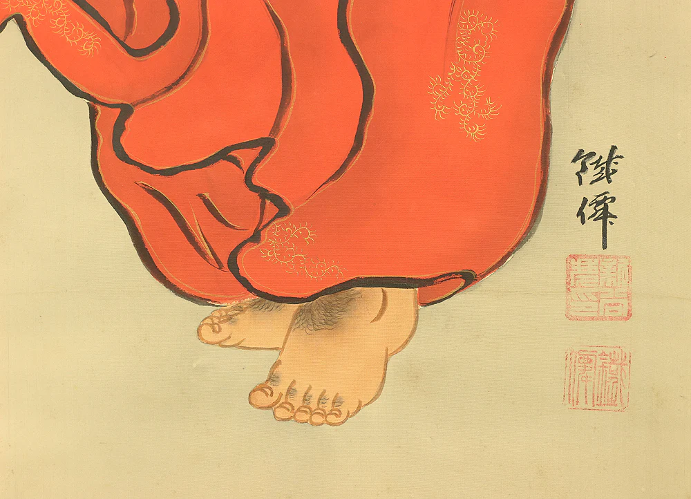 新谷鐵僊 SHINTANI TESSEN Japanese art kakejiku kakemono wall hanging scroll / Red Bodhidharma daruma holding hossu with Box W436 - Image 8