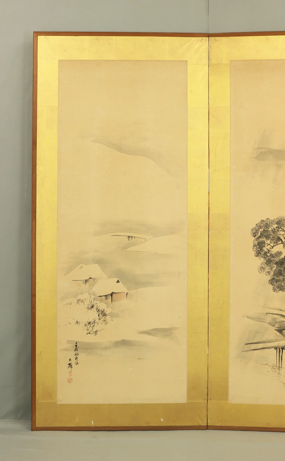 塩川文麟 Shiokawa Bunrin (1808-1877) Byobu Folding Screen Room divider 2 panels / 1862 (壬戌) 'Rainy and Snow Winter Landscape Sansui' Two Panels Folding Screens Room Dividers VA250 - Image 15