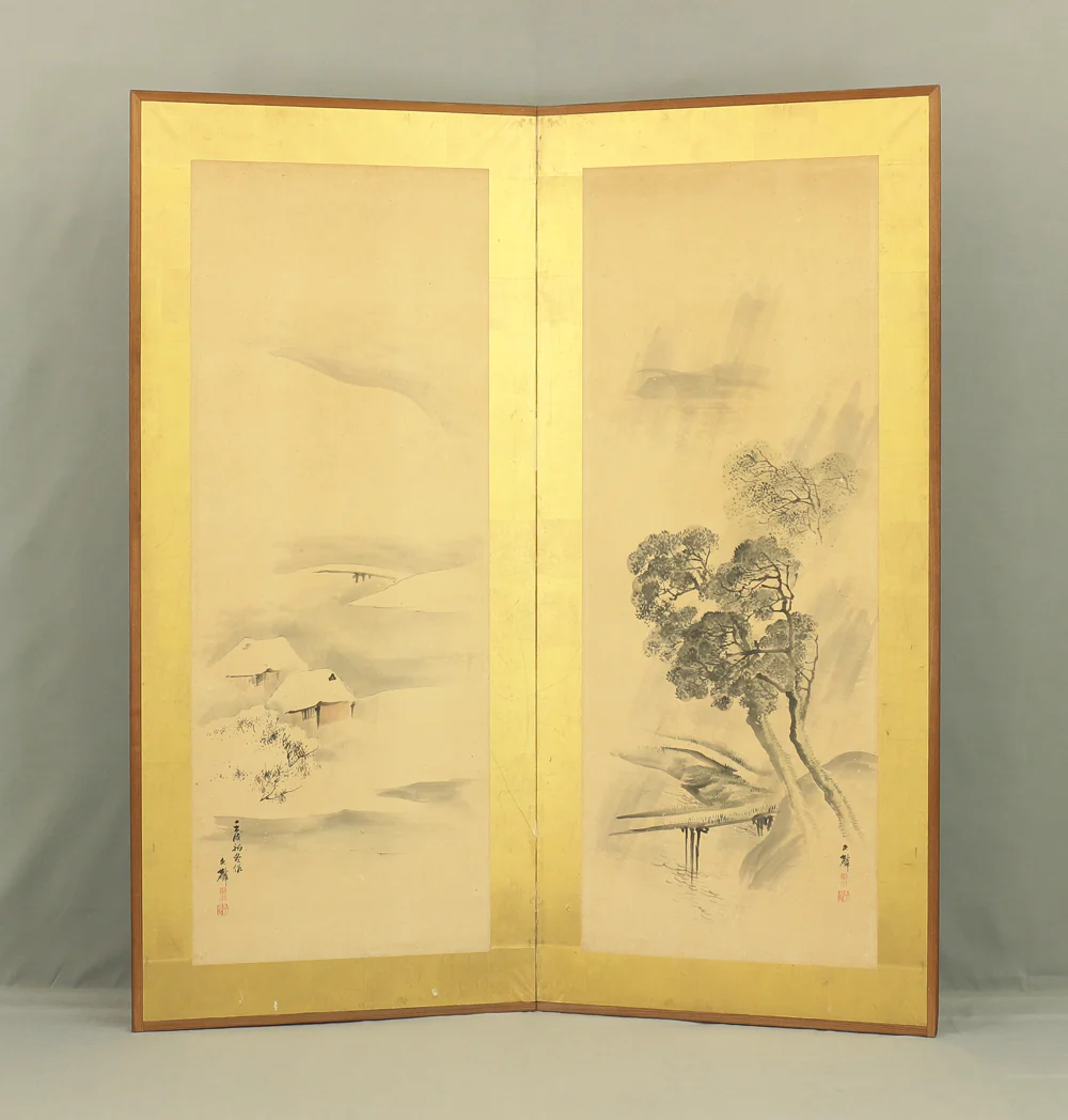 塩川文麟 Shiokawa Bunrin (1808-1877) Byobu Folding Screen Room divider 2 panels / 1862 (壬戌) 'Rainy and Snow Winter Landscape Sansui' Two Panels Folding Screens Room Dividers VA250 - Image 2