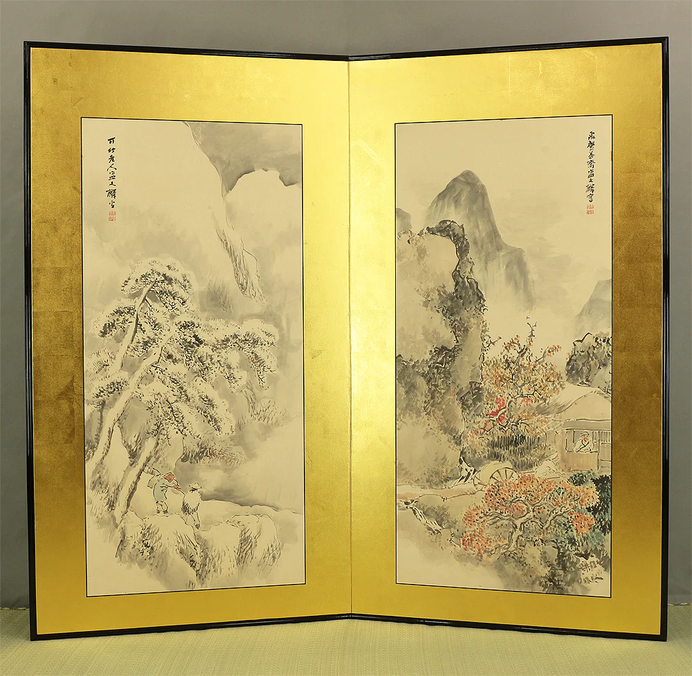 塩川文麟 Shiokawa Bunrin (1808-1877) Gold Framed 'Four Season's (Spring Summer Autumn Winter) Sansui Landscape' Paired Two Panels Byobu Folding Screens Room Dividers VA356 - Image 28