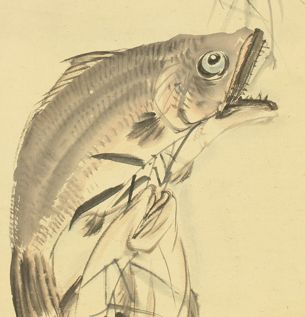 塩川文麟 Shiokawa Bunrin (1808-1877) Japanese antique art kakejiku kakemono wall hanging scroll / Delicious Fish Fishing Results with Box RC785