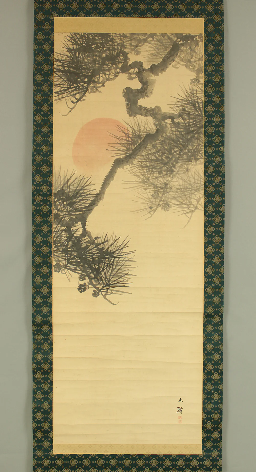 塩川文麟 Shiokawa Bunrin (1808-1877) Japanese antique art kakejiku kakemono wall hanging scroll / Rising Sun and Pine Tree RD489