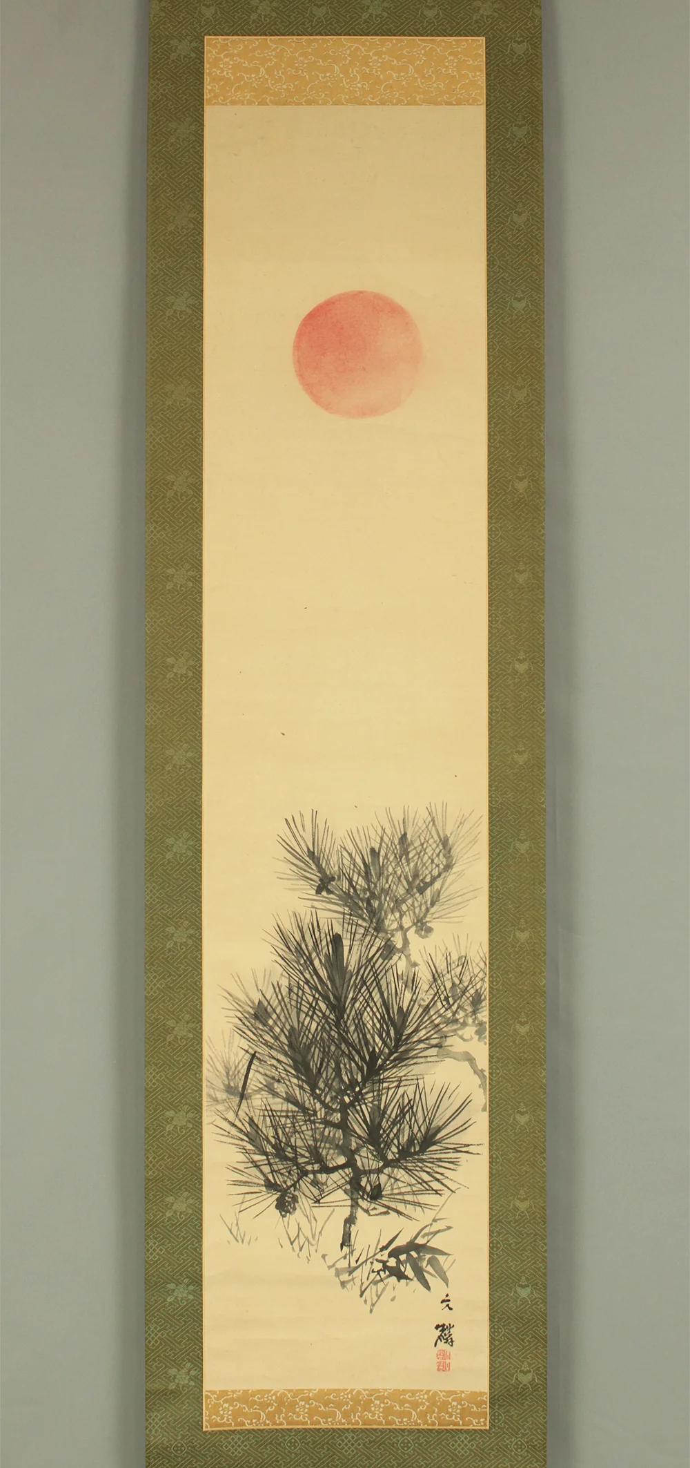 塩川文麟 Shiokawa Bunrin (1808-1877) Japanese antique art Paired kakejiku kakemono wall hanging scrolls / Sun and Moon, Pine Bamboo with Box RC754 - Image 2