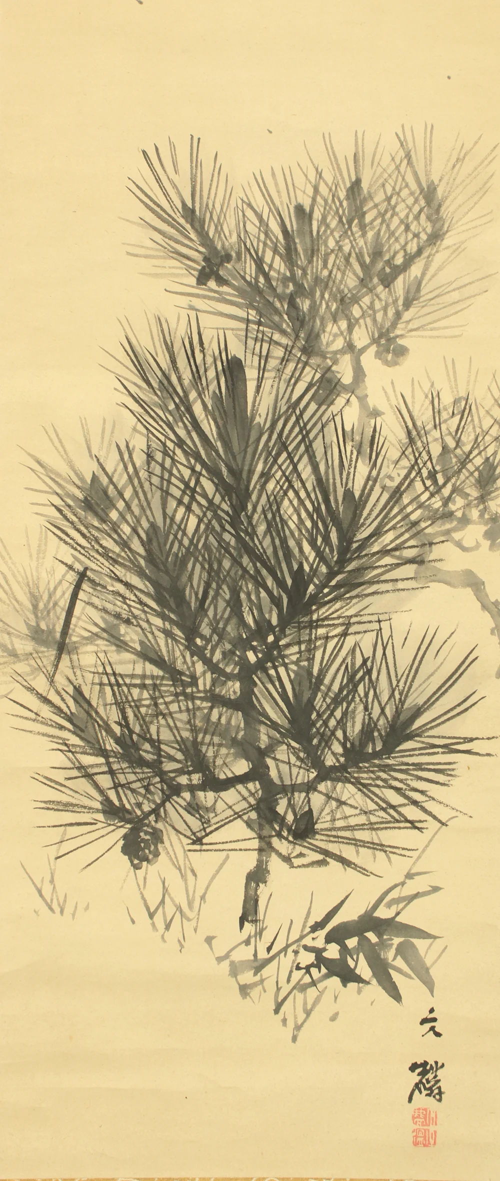 塩川文麟 Shiokawa Bunrin (1808-1877) Japanese antique art Paired kakejiku kakemono wall hanging scrolls / Sun and Moon, Pine Bamboo with Box RC754 - Image 6