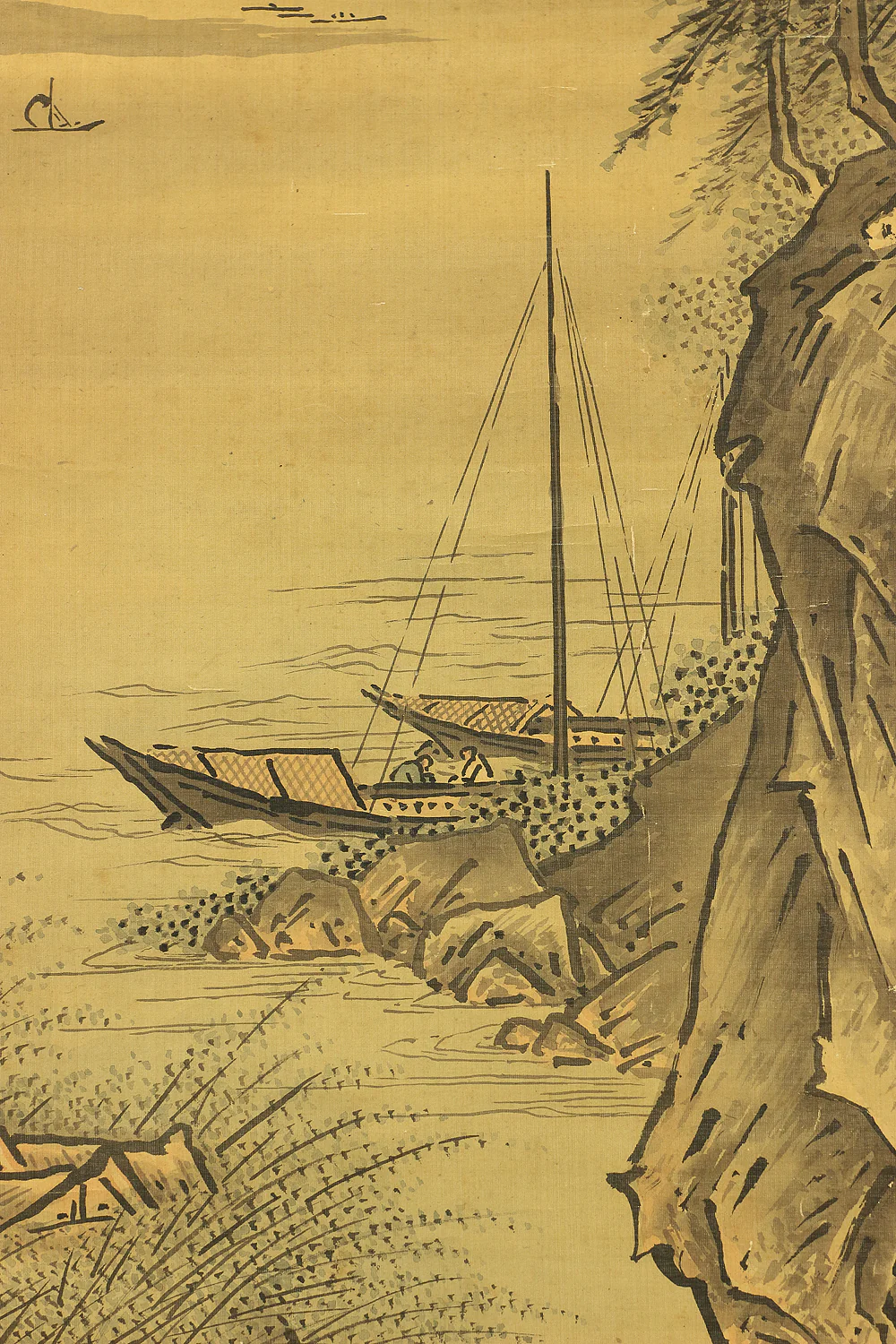 秋月等観 Shugetsu Tokan (active around 1490) Japanese antique art paired kakejiku kakemono wall hanging scrolls / Broken Ink Landscape (Haboku Suiboku Ink Sansui) River Boat Wise Man RB966 - Image 14