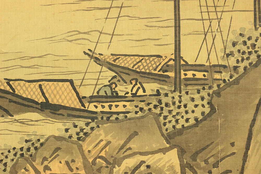 秋月等観 Shugetsu Tokan (active around 1490) Japanese antique art paired kakejiku kakemono wall hanging scrolls / Broken Ink Landscape (Haboku Suiboku Ink Sansui) River Boat Wise Man RB966 - Image 15