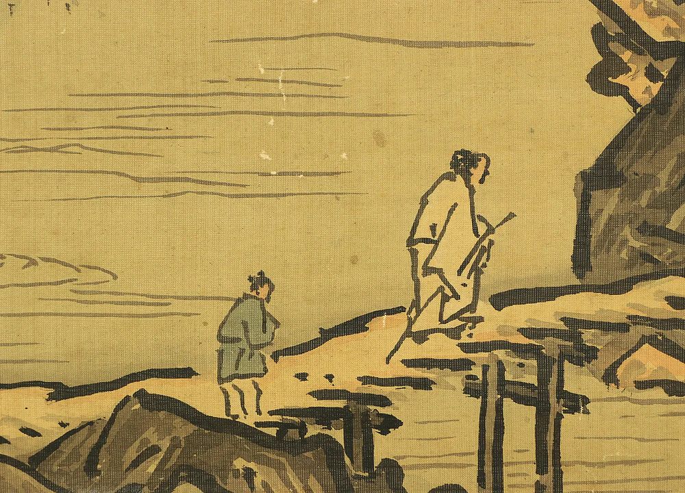 秋月等観 Shugetsu Tokan (active around 1490) Japanese antique art paired kakejiku kakemono wall hanging scrolls / Broken Ink Landscape (Haboku Suiboku Ink Sansui) River Boat Wise Man RB966 - Image 17