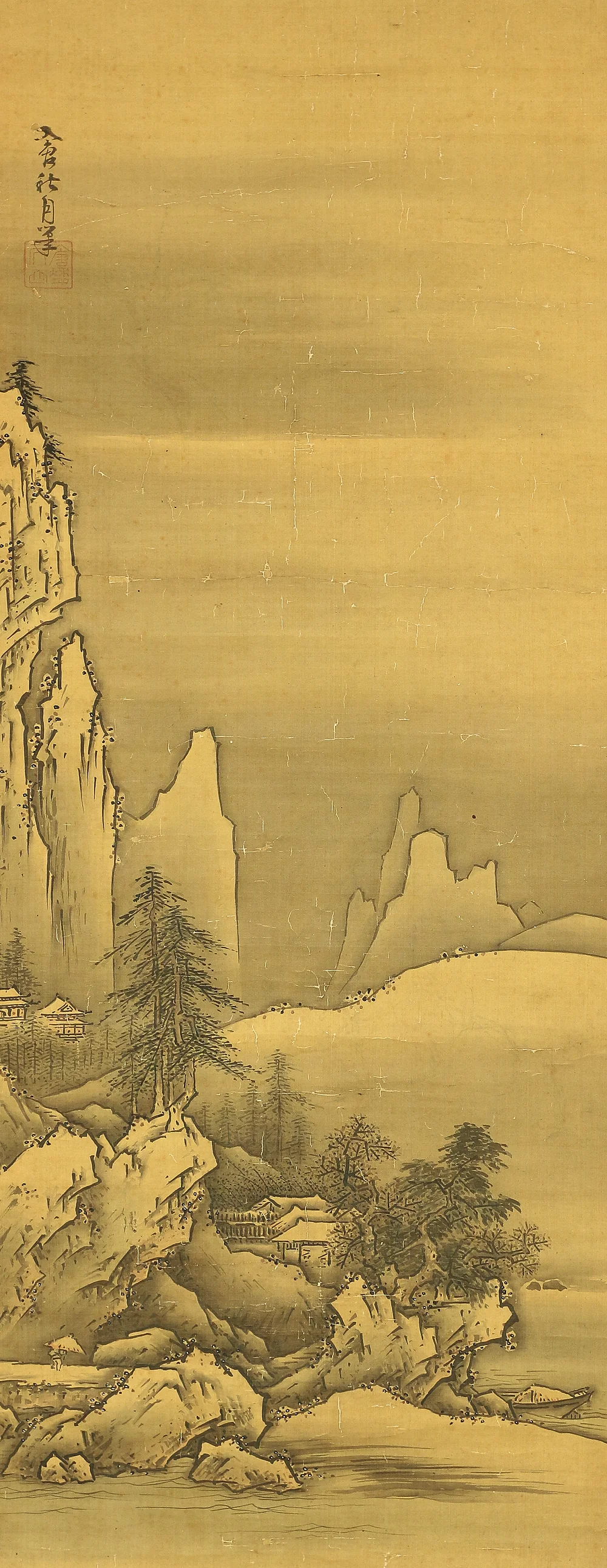 秋月等観 Shugetsu Tokan (active around 1490) Japanese antique art paired kakejiku kakemono wall hanging scrolls / Broken Ink Landscape (Haboku Suiboku Ink Sansui) River Boat Wise Man RB966 - Image 23