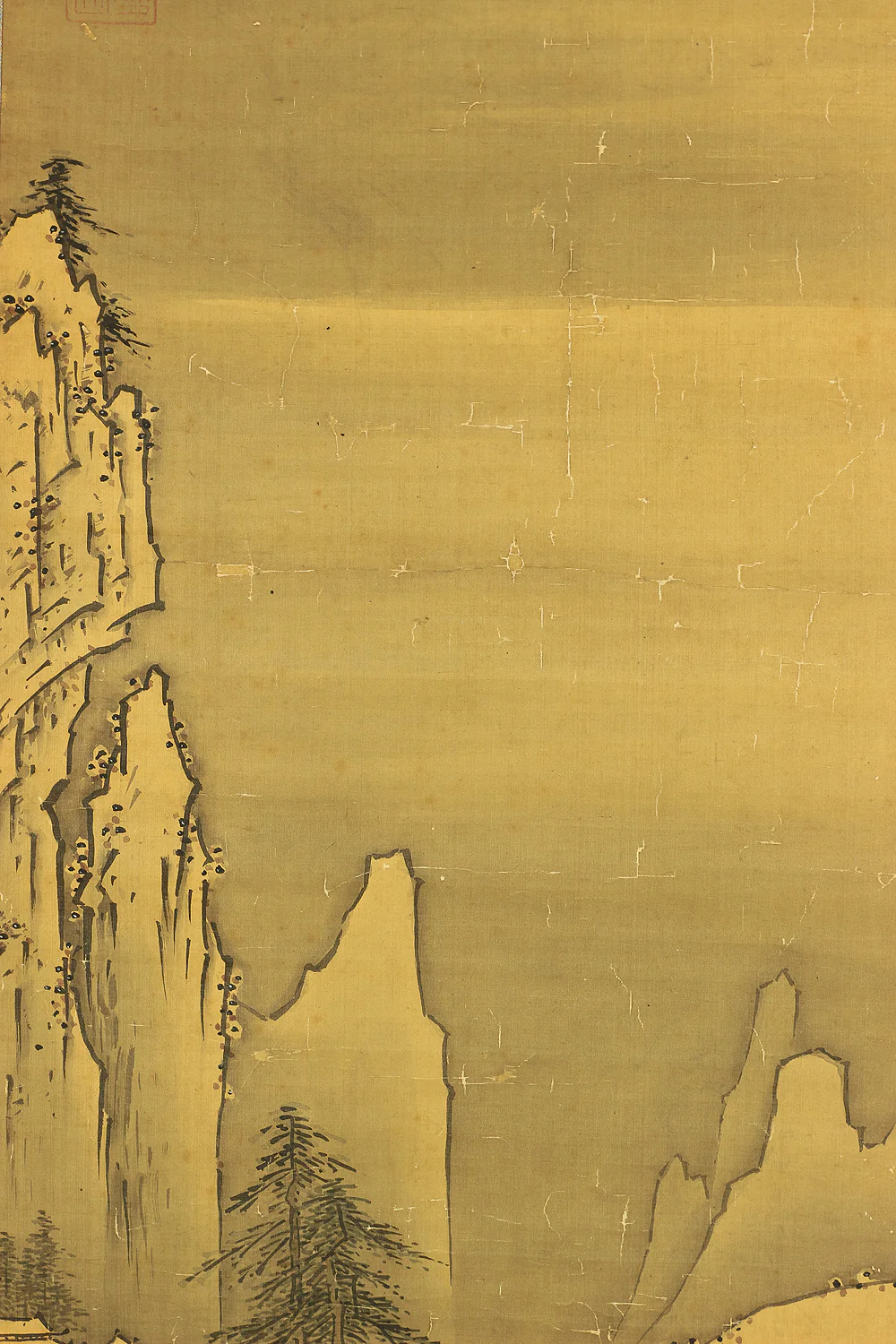 秋月等観 Shugetsu Tokan (active around 1490) Japanese antique art paired kakejiku kakemono wall hanging scrolls / Broken Ink Landscape (Haboku Suiboku Ink Sansui) River Boat Wise Man RB966 - Image 26
