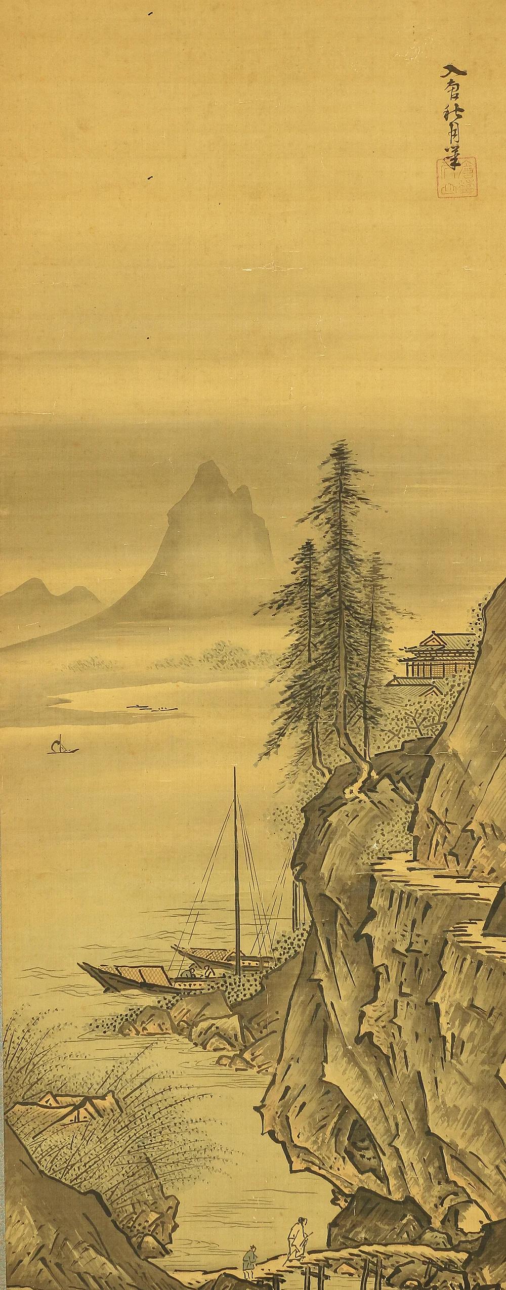 秋月等観 Shugetsu Tokan (active around 1490) Japanese antique art paired kakejiku kakemono wall hanging scrolls / Broken Ink Landscape (Haboku Suiboku Ink Sansui) River Boat Wise Man RB966 - Image 4