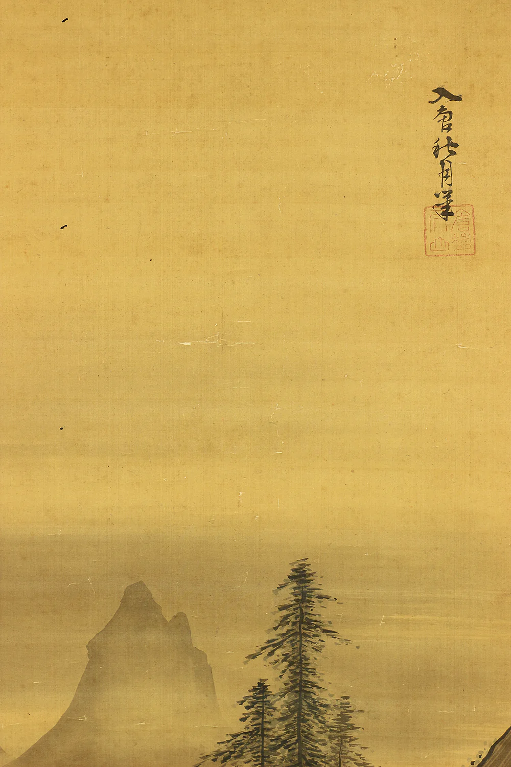 秋月等観 Shugetsu Tokan (active around 1490) Japanese antique art paired kakejiku kakemono wall hanging scrolls / Broken Ink Landscape (Haboku Suiboku Ink Sansui) River Boat Wise Man RB966 - Image 5