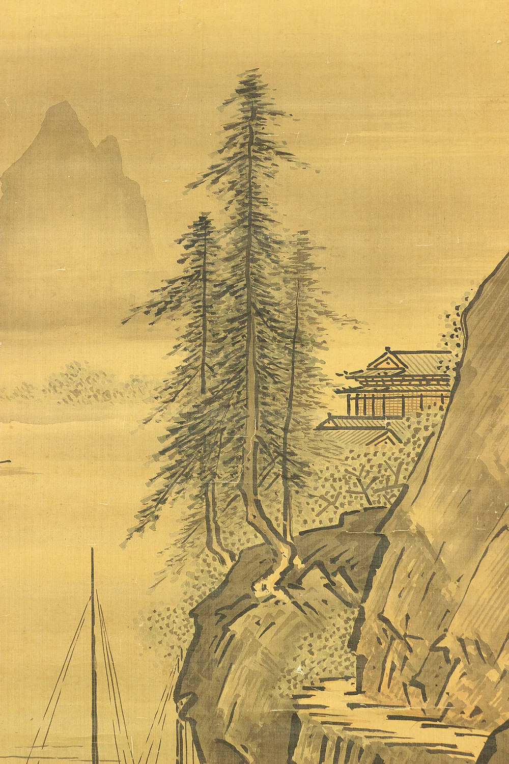 秋月等観 Shugetsu Tokan (active around 1490) Japanese antique art paired kakejiku kakemono wall hanging scrolls / Broken Ink Landscape (Haboku Suiboku Ink Sansui) River Boat Wise Man RB966 - Image 9
