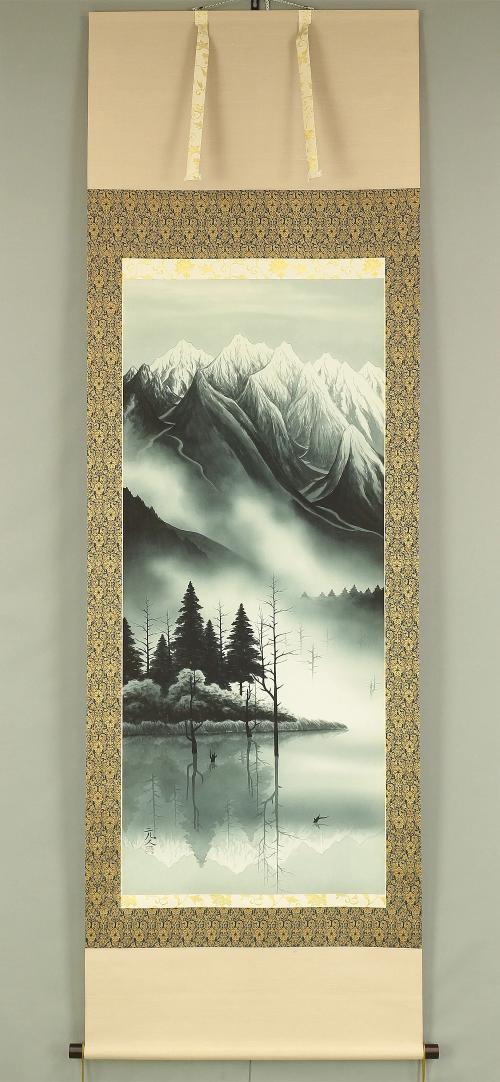 杉原元人 Sugihara Genjin (1912-2009) Japanese art kakejiku kakemono wall hanging scroll / 上高地 Kamikochi 大正池 Taisho Ike Pond - Misty Landscape with Original Double Box (Tomobako) RC291 - Image 2