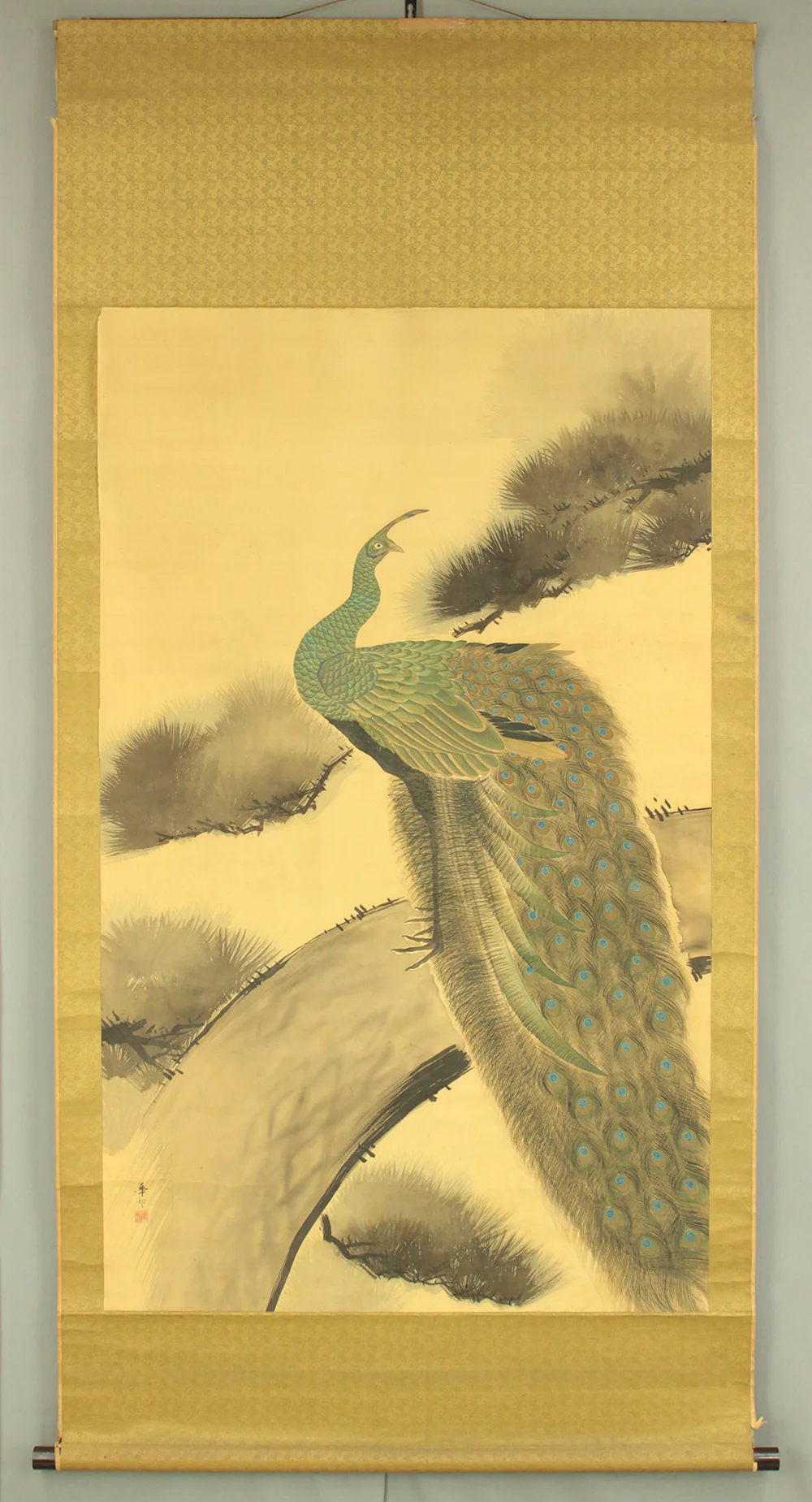 鈴木華邨 Suzuki Kason (1860-1919) Japanese art Large kakejiku kakemono wall hanging scroll / Peacock Perched Pine Tree with Box RD729 - Image 2