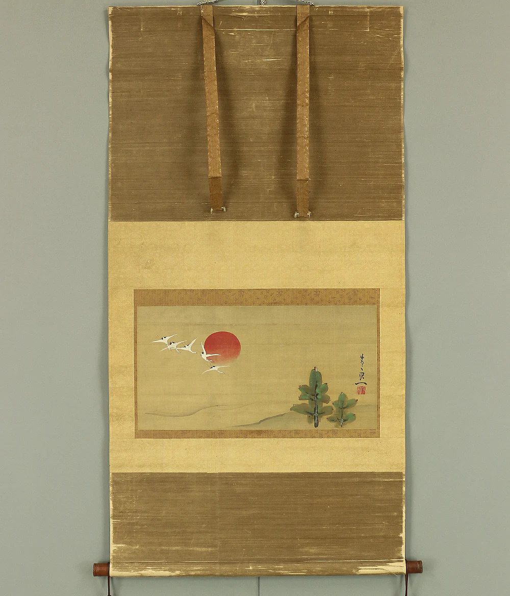 鈴木其一 Suzuki Kiitsu (1796-1858) Japanese antique art kakejiku kakemono wall hanging scroll / Flying Five Cranes, Rising Sun, and Pine with Box RA188 - Image 2