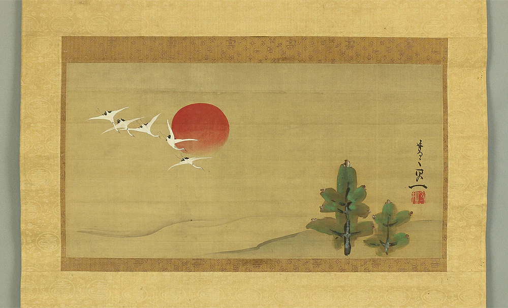 鈴木其一 Suzuki Kiitsu (1796-1858) Japanese antique art kakejiku kakemono wall hanging scroll / Flying Five Cranes, Rising Sun, and Pine with Box RA188 - Image 3