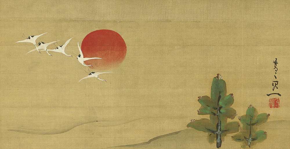 鈴木其一 Suzuki Kiitsu (1796-1858) Japanese antique art kakejiku kakemono wall hanging scroll / Flying Five Cranes, Rising Sun, and Pine with Box RA188 - Image 5