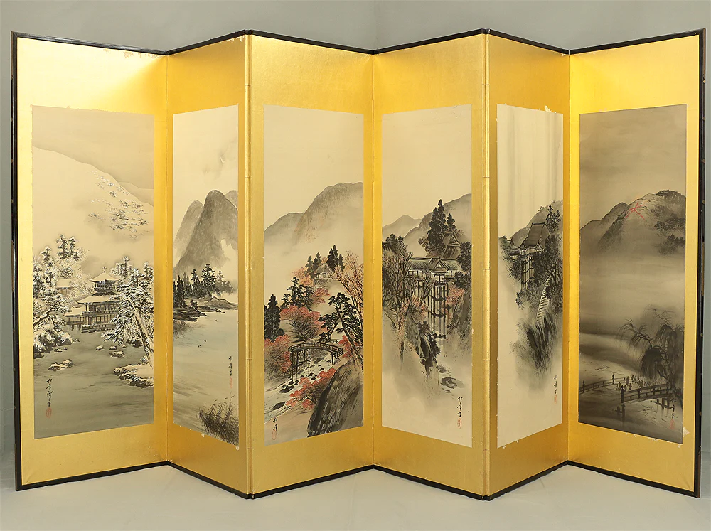 鈴木松年 Suzuki Shonen (1848-1918) Gold Leaf Framed Byobu Folding Screen Room divider 6 panels / 'Seasonal Kyoto Scenery - Gozan no Okuribi, Kiyomizudera temple, Kinkaku-ji' VA249