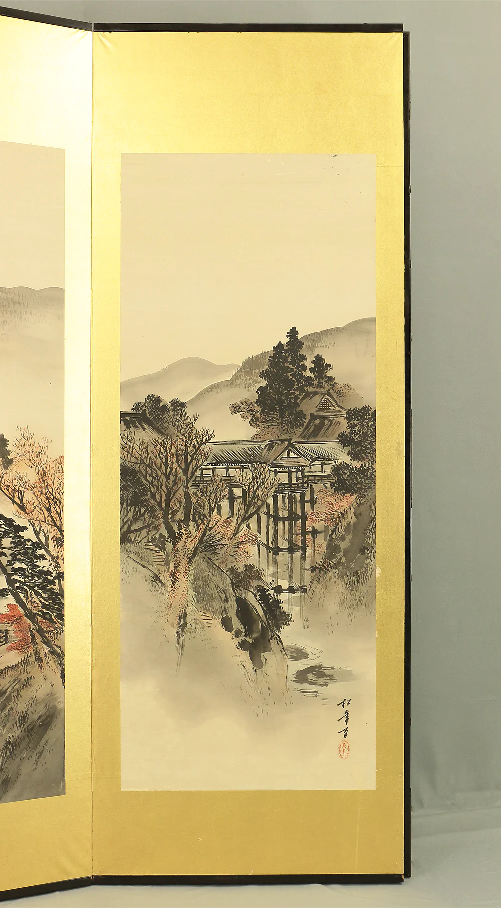 鈴木松年 Suzuki Shonen (1848-1918) Gold Leaf Framed Byobu Folding Screen Room divider 6 panels / 'Seasonal Kyoto Scenery - Gozan no Okuribi, Kiyomizudera temple, Kinkaku-ji' VA249 - Image 19