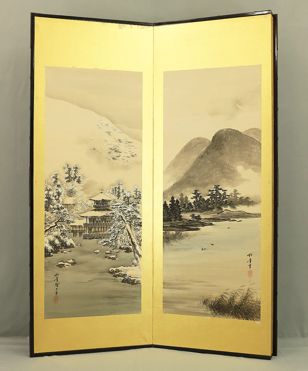 鈴木松年 Suzuki Shonen (1848-1918) Gold Leaf Framed Byobu Folding Screen Room divider 6 panels / 'Seasonal Kyoto Scenery - Gozan no Okuribi, Kiyomizudera temple, Kinkaku-ji' VA249 - Image 29