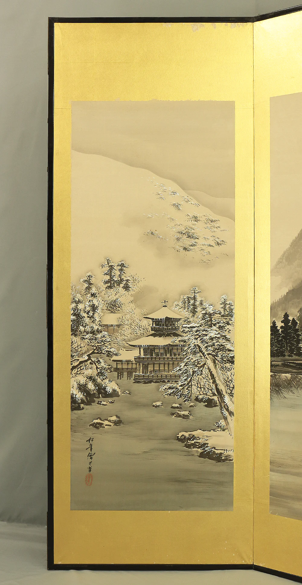 鈴木松年 Suzuki Shonen (1848-1918) Gold Leaf Framed Byobu Folding Screen Room divider 6 panels / 'Seasonal Kyoto Scenery - Gozan no Okuribi, Kiyomizudera temple, Kinkaku-ji' VA249 - Image 37