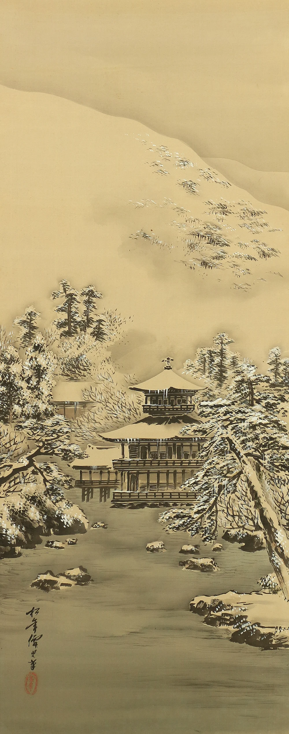 鈴木松年 Suzuki Shonen (1848-1918) Gold Leaf Framed Byobu Folding Screen Room divider 6 panels / 'Seasonal Kyoto Scenery - Gozan no Okuribi, Kiyomizudera temple, Kinkaku-ji' VA249 - Image 38