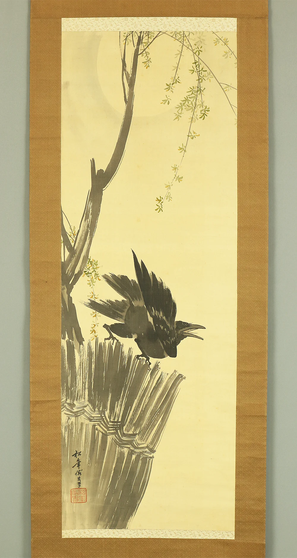 鈴木松年 Suzuki Shonen (1848-1918) Japanese antique art kakejiku kakemono wall hanging scroll / Moonlit Night, Crow under Willow Tree RB338