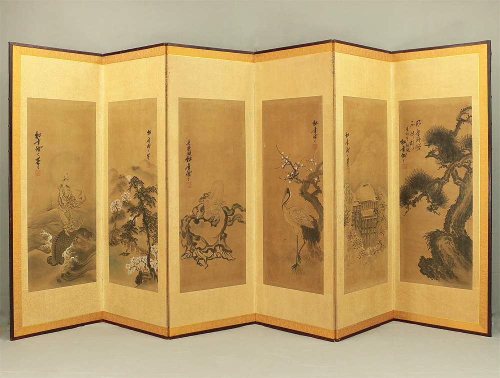 鈴木松年 Suzuki Shonen (1848-1918) Japanese Pair of Room divider Byobu 6 panels Folding screen / Shoki, Kiyomizu-dera in autumn, Dragon, Tiger, Chicken, Hotei, Pine Tree, Kiyomizu-dera in winter, Crane, Jurojin, Arashiyama in spring etc V888 - Image 51