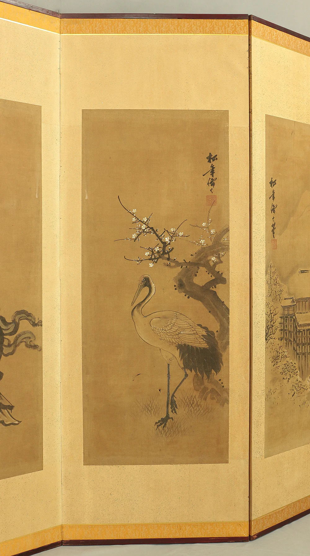 鈴木松年 Suzuki Shonen (1848-1918) Japanese Pair of Room divider Byobu 6 panels Folding screen / Shoki, Kiyomizu-dera in autumn, Dragon, Tiger, Chicken, Hotei, Pine Tree, Kiyomizu-dera in winter, Crane, Jurojin, Arashiyama in spring etc V888 - Image 68