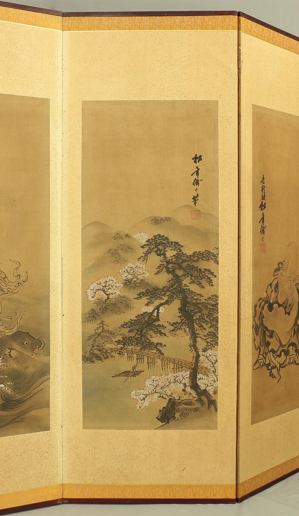 鈴木松年 Suzuki Shonen (1848-1918) Japanese Pair of Room divider Byobu 6 panels Folding screen / Shoki, Kiyomizu-dera in autumn, Dragon, Tiger, Chicken, Hotei, Pine Tree, Kiyomizu-dera in winter, Crane, Jurojin, Arashiyama in spring etc V888 - Image 85